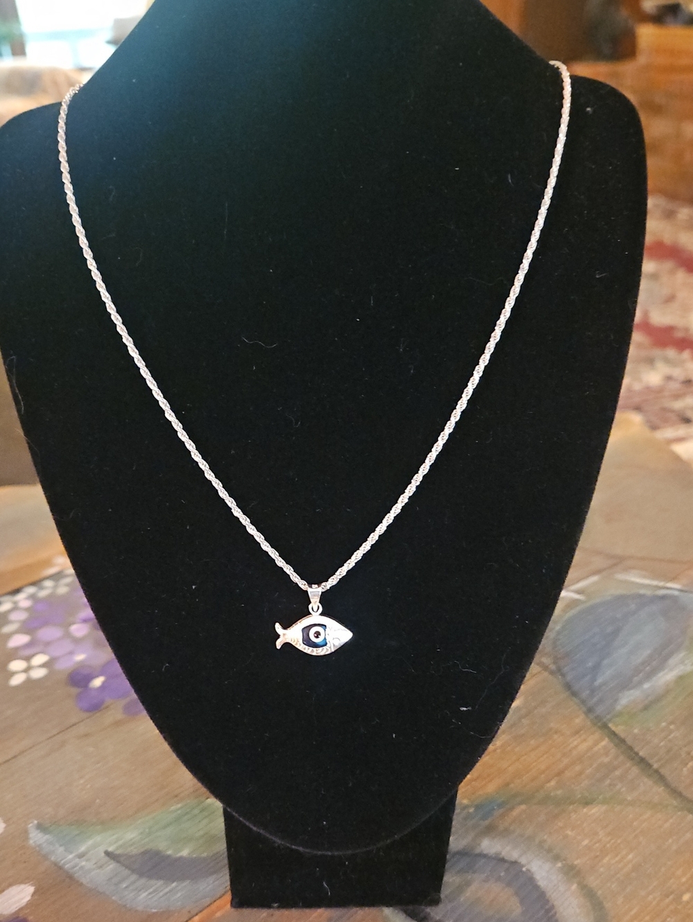 Sterling Silver Glass Evil Eye Fish Pendant 925 Itlay Rope Necklace